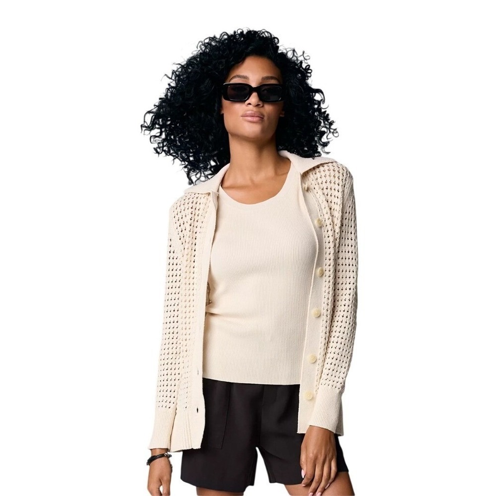 Simply Vera Vera Wang Pointelle Cardigan Womens Large Cream Coastal Grandmother - Picture 2 of 10
